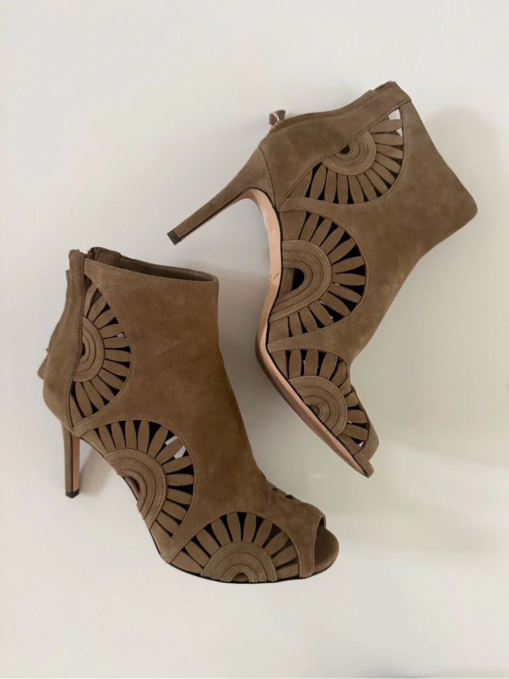 Tory Burch Taupe Suede Leyla Cutout Peep-Toe Booties 10